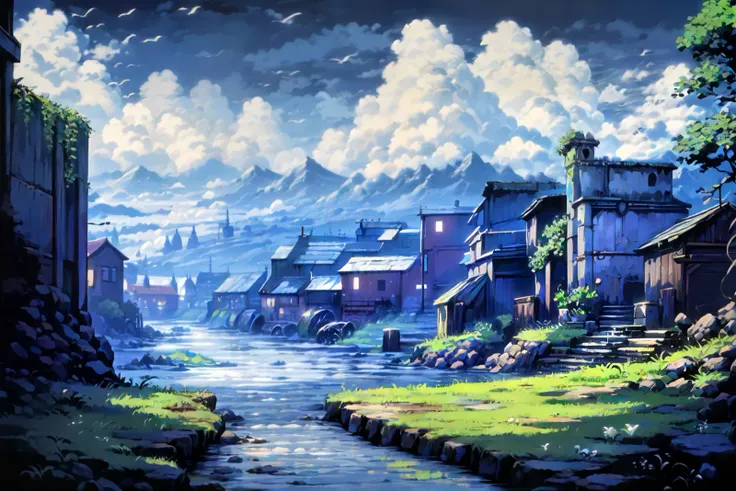 anime scenery of a village by a river with a mountain in the background