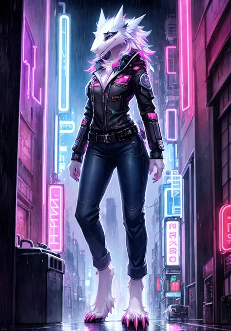 ((masterpiece, best quality):1.0), solo, anthro (sergal:1.1), fluffy, clothed, ((cute face):1.0), cyberpunk, city, neon lights, rain, sexy, full body shot, feet focus, digital sketch, vibrant, gloomy, dynamic light, by hioshiru, by pino daeni, <lora:sergal...