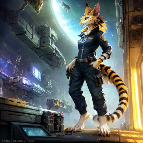 solo, anthro, female, ((sergal:serval):1.2), clothed, cargo pants, bare feet, detailed eyes, ((science fiction, spaceship, greasy old gauges, dirty dials, gadgets, tools):1.0), ((masterpiece, best quality):1.0), digital sketch, vibrant, gloomy, dynamic lig...