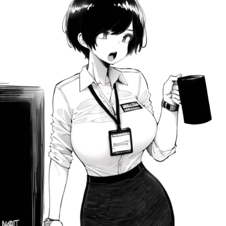 bangs, breasts, coffee mug, collared shirt, cup, dress shirt, greyscale, hand on own chin, holding, holding cup, id card, lanyar...