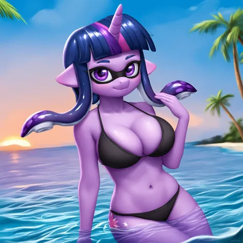 score_9, score_8_up, score_7_up, score_6_up, score_5_up, score_4_up, (by aki99), rating_suggestive, source_pony, solo, ocean, beach, anthro splatoon inkling twilight sparkle, mask, purple tentacle hair, amazing composition, incredible lighting, smiling, be...