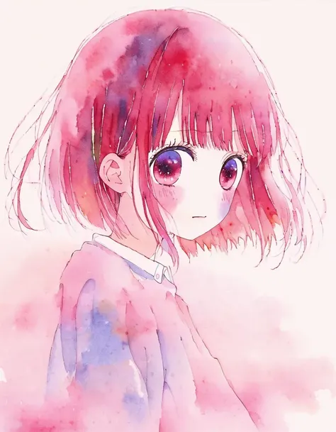 Watercolor illustration of arima kana, oshi no ko, solo, soft blending, dreamy and emotional style, simple background