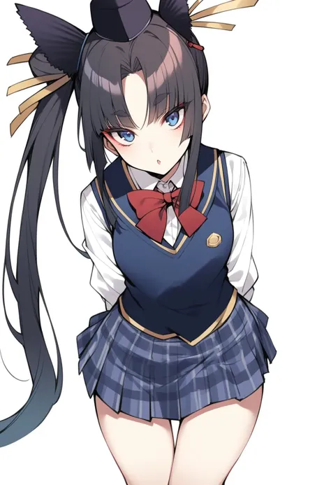 1girl, ushiwakamaru (fate), fate/grand order, long hair, black hair, blue eyes, side ponytail, very long hair, hat, (school uniform, vest, white shirt, skirt:1.2), arms behind back, (leaning forward:0.6),