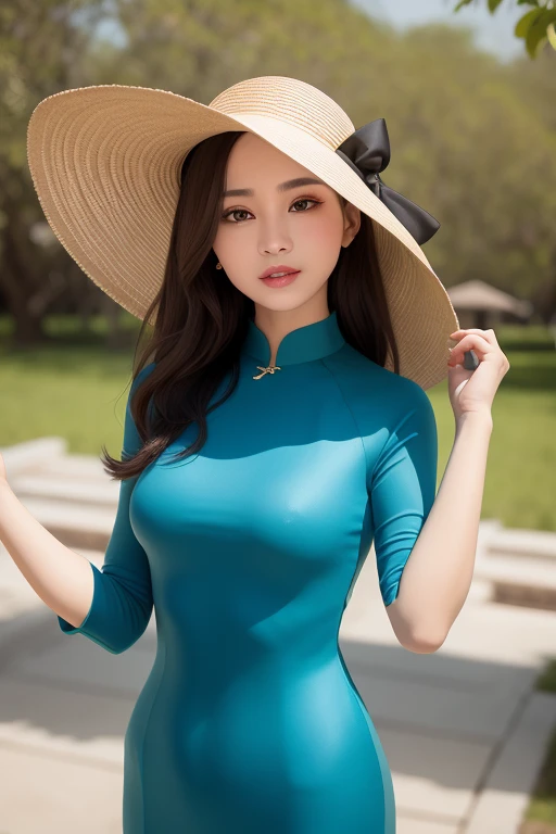 a women in aodai ,best quality, masterpiece,(realistic:1.2), conical hats