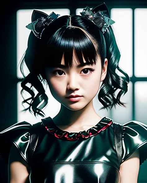 raw photo, hyper real photo of japanese girl yuimetal with twintails hair in black dress with iridescent sequined outfit that gl...