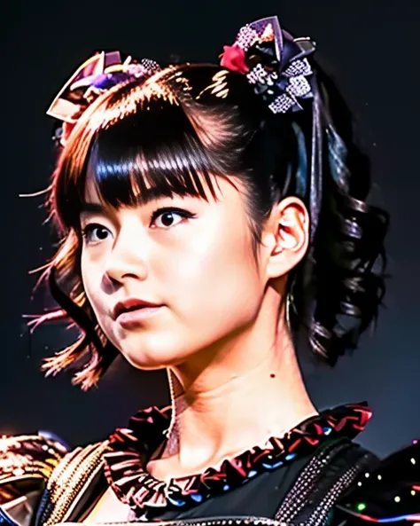 RAW photo, hyper real photo of japanese flat chest girl yuimetal with twintails hair in black dress with iridescent sequined outfit that glimmers in the light reflections, futuristic gothic style, black lether and steel studs, a music album cover, space ga...