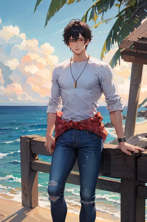 masterpiece, best quality, 1boy, solo, ocean, handsome, white shirt, jeans, clothes around waist,