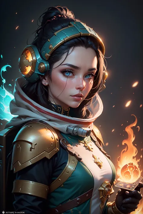 ((best quality)), ((masterpiece)), (detailed), woman standing before fire, (Jason Benjamin:1.2), (Artstation contest winner:1.1), (fantasy art:1.3), (portrait armored astronaut girl:1.2), (Peter Mohrbacher:1.1), (unreal engine:1.1), (Hearthstone card game ...