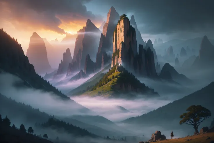 (masterpiece), (best quality), (incredible digital artwork), atmospheric scene inspired by a Peter Jackson fantasy movie, breathtaking landscape, towering mountains, lush forests, misty valleys, awe-inspiring structures, diverse and vibrant characters, eng...