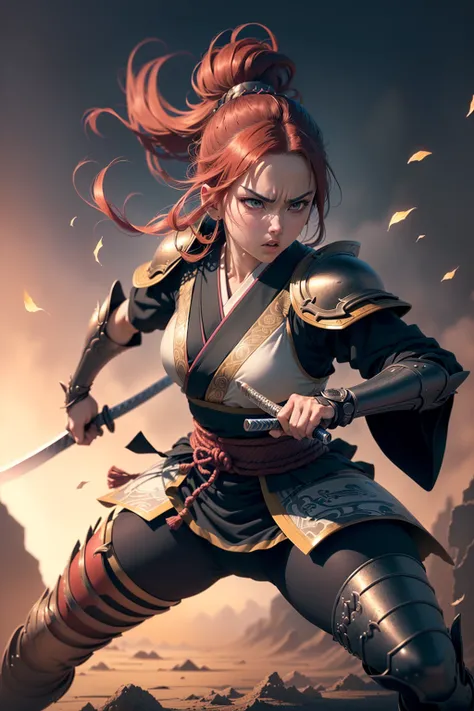 ((best quality)), ((masterpiece)), (detailed), fierce anime woman, wielding katana, battle-ready stance, intricate armor, flowing hair, (Japanese animation style:1.3), (Masashi Kishimoto:1.1), (Tite Kubo:1.1), intense gaze, dynamic background, vibrant colo...