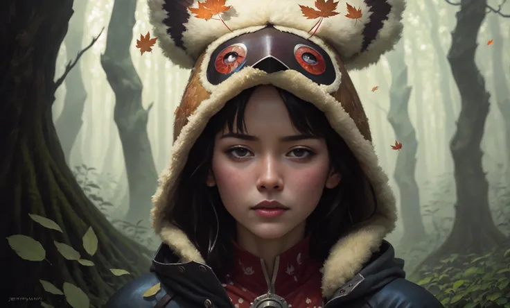 close up portrait of mononoke hime, woman, falling leafs, forest creatures in the background, professional majestic oil painting by Ed Blinkey, Atey Ghailan, Studio Ghibli, by Jeremy Mann, Greg Manchess, Antonio Moro, Intricate, High Detail, Sharp focus, d...