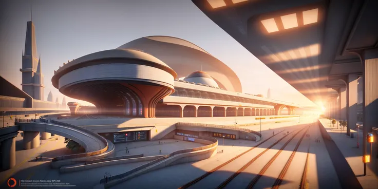 futuristic architecture visualization, huge railway station, Avant-garde design, big curve design, evening, Vray rendered, ray tracing rendered, intricate, highly detailed, 8K, HDR, highest quality, sharp focus, photorealism