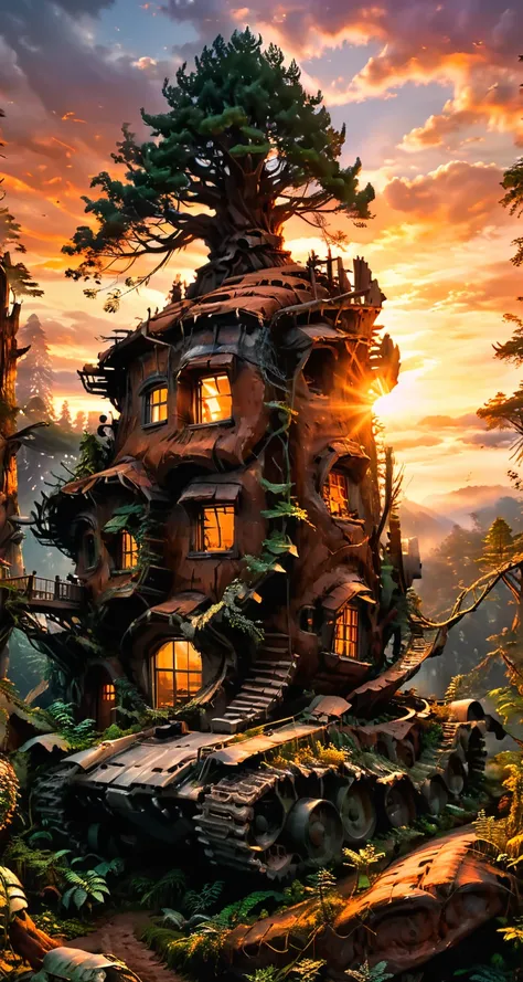 a house in an orange majestic (glowing:1.5) (giant) (sequoia:1.5) growing out of a vtnktnk tank on (Pandora:1.9) from (Avatar:1.3), (vines:1.2), (electricity:1) in the air, stairs, magical sunset, magical, fantasy, 8k, hyper realistic, sharp, dslr <lora:vt...