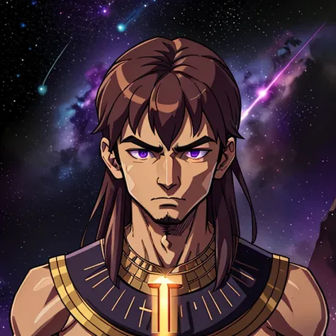 (1man, muscular adult male:1.2), purple eyes, light ash brown hair, mid-fade, portrait, solo, half shot, looking away, detailed background, detailed face, (<lora:Cyber_Egypt:0.6>, Cyber_Egypt theme:1.1) embodied star constellation, star sign, mysterio...