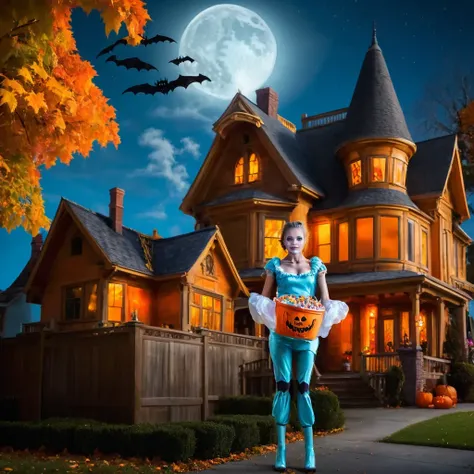 A young woman dressed for halloween, holding a huge bucket of candy standing in front of a house. In the back ground are houses decorated for halloween including huge lit carved pumpkins as well as buckets full of candy in front of there front door. An fan...
