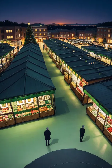 people standing in a market at night with a christmas tree