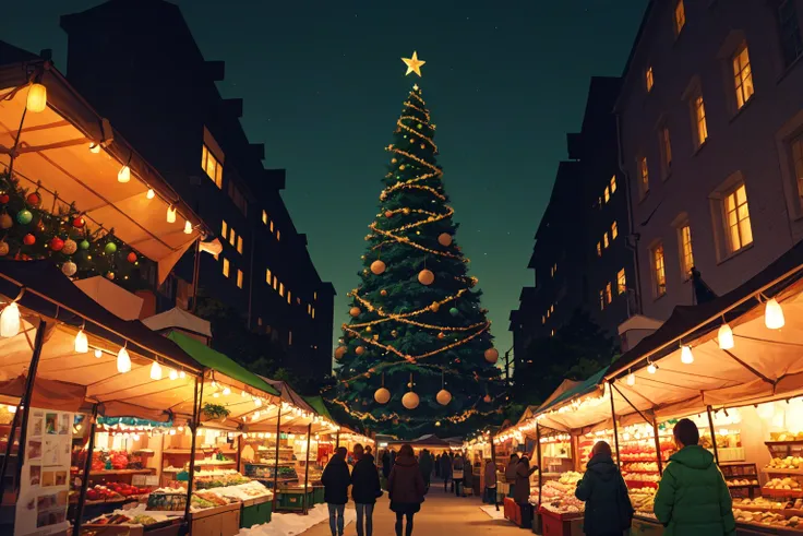 people walking down a street past a christmas tree in a city