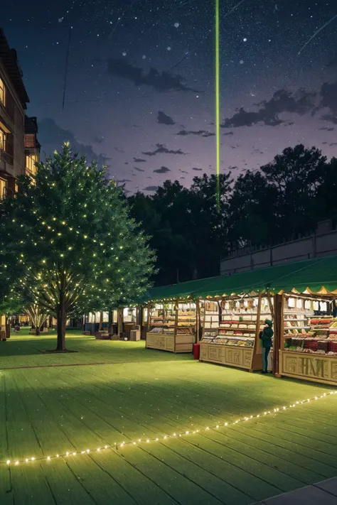 nighttime view of a market with a green roof and a green awning