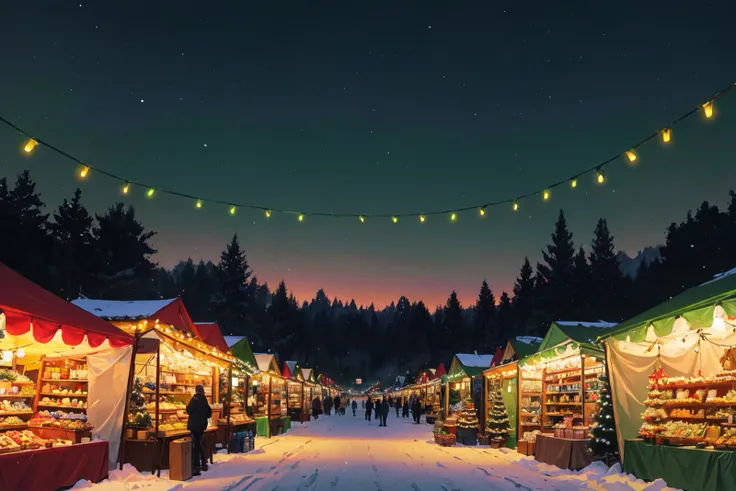 araffe market with christmas lights and people walking in the snow