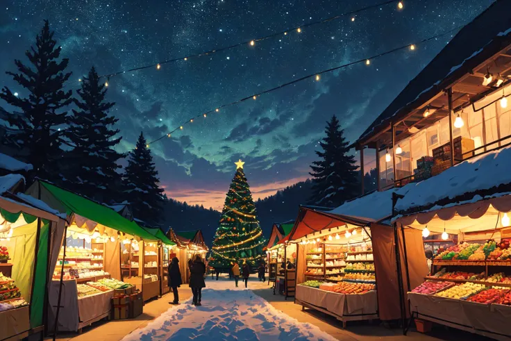 snowy night scene of a market with christmas trees and people