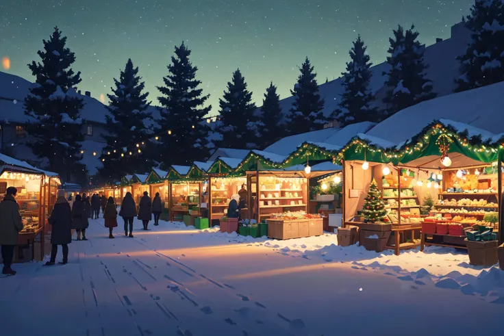 people walking around a market in the snow at night