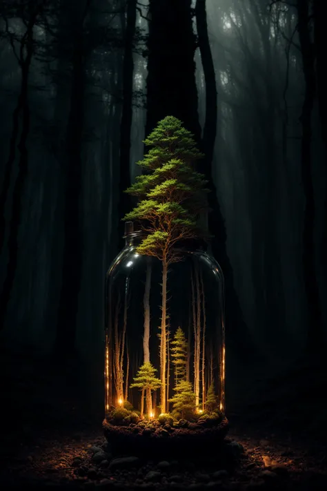 (An intricate forest minitown landscape trapped in a bottle), atmospheric oliva lighting, on the table, 4k UHD, dark vibes, hyper detailed, vibrant colours forest background, epic composition, octane render, sharp focus, high resolution isometric<lora:epi...