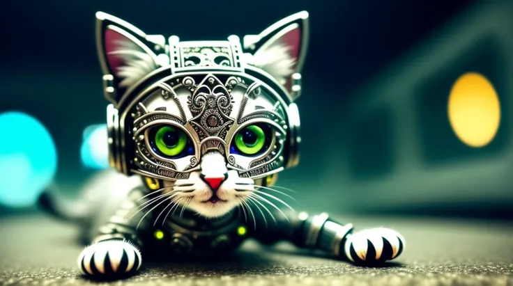 a cute kitten made out of metal, cyborg, cyberpunk style, ((intricate details)), hdr, ((intricate details, hyperdetailed)), cinematic shot, vignette