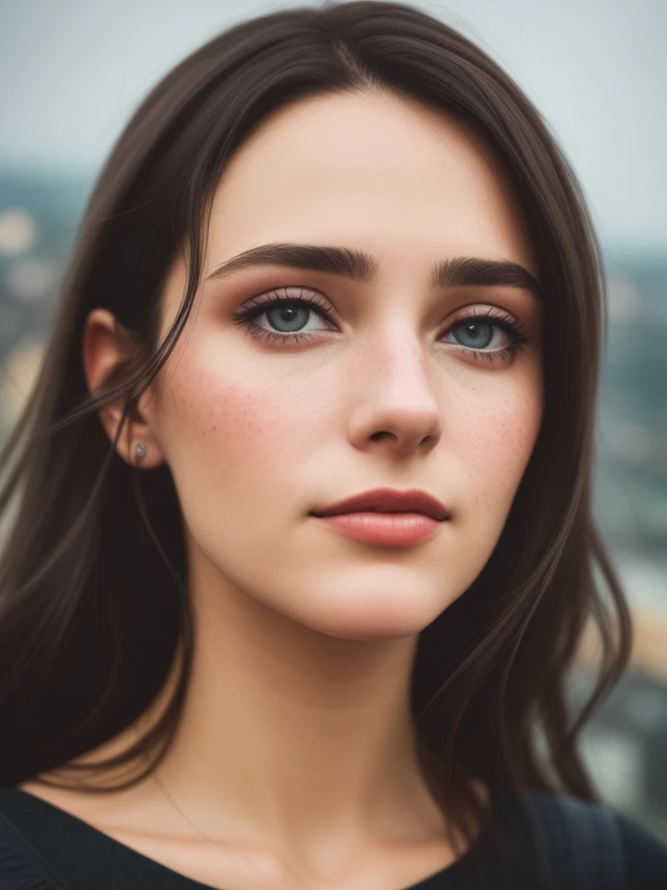 a close up portrait of a brunette, prague in the background, slate atmosphere, cinematic, dimmed colors, dark shot, muted colors, film grainy, lut, insane details, intricate details, [[[freckles]]]