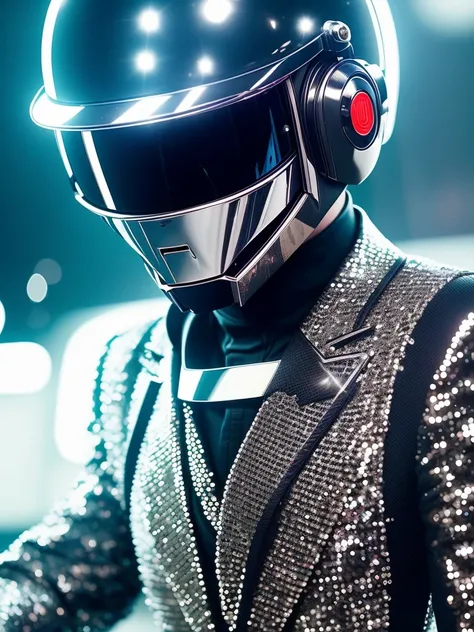 a close up of a person wearing a suit and a helmet, a black and white photo, futurism, daft punk, mario testino, sequins, k high definition, high-detaild, pepper, shady, performing, pleasure, moonwalker photo, ((intricate details)), ((intricate details, hyper detail)), cinematic frame, epic realistic