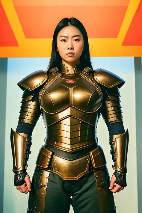 analog style, full body height portrait of a (strong :1.3) korean woman with a proud glance, thick eyebrows, (muscular), armor, detailed_eyes, ((low angle shot)), (powerful:1.3), ((pov)), sharp focus, 8k uhd, dslr, high quality, film grain, Fujifilm XT3, (powerful:1.3)