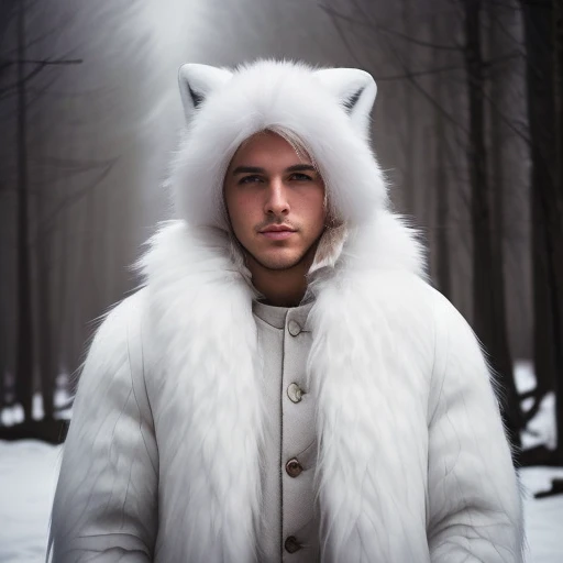 professional photo of a man ((in white fluffy fox fur coat)), slate winter atmosphere, fog, mist, post-apocalyptic ruins, cinematic, cold ((low-key lighting, dimly light)), closeup shot