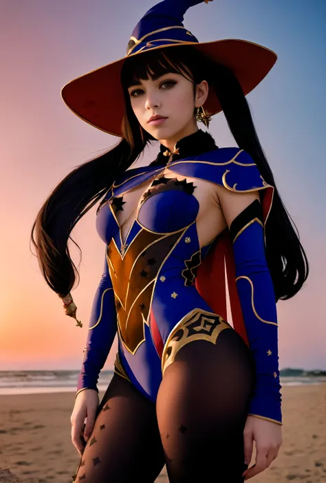 (Caucasian:2) luxurious girl, narrow waist, wide pelvis, (expensive textured blue clothing fabric: 1.3), (pointed witch hat, wide hat brim: 1.5)opened  mouth, [[smirk]], eyebrow up, twintails, leotard, gloves, (legs in black tights: 1.6), black hair, long ...