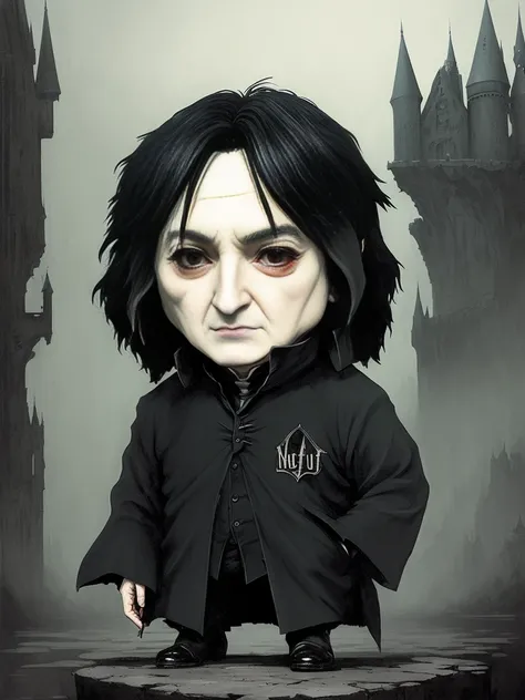 close up, (((Chibi Severus Snape conjures))), Hall at Hogwarts on backgroung, ((((chibi)))), (magical atmosphere), soothing tones,intricate scene, insane details, intricate details, hyperdetailed, low contrast, soft cinematic light, dim colors, exposure bl...