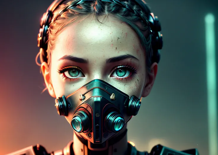 a robo-girl with head braid apocalypse atmosphere in the background, ((oxygen cyber-mask on the face)), (((red eyes))), robotic eyes, focus eyes, detailed eyes, great eyelashes, one eye close a bit, (closeup:1.2), creative, steampunk, many mechanic parts and detailed, epic realistic, faded, neutral colors, ((((HDR)))), ((((muted colors)))), insane details, intricate scene, artstation, (hyperdetailed:1.1), cinematic shot, warm lights, dramatic light, (intricate details:1.1), vignette, complex background, [[teal and orange]], slate gray atmosphere, (vsco:0.3)
