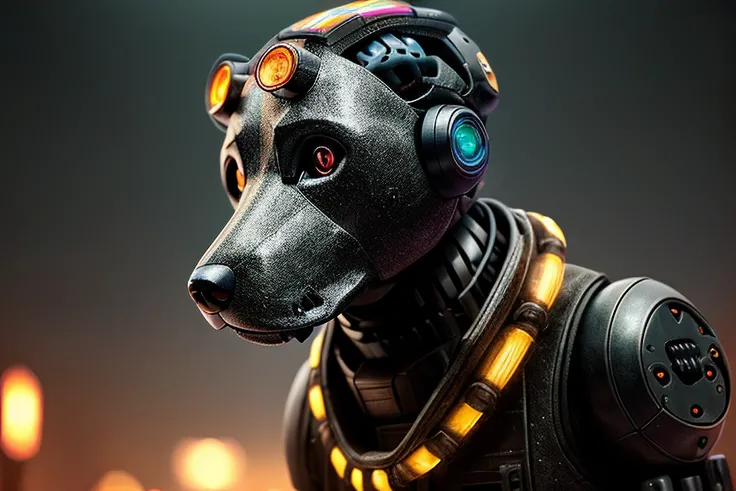a dog, black dummy without a face, ((((with mechanical brains in head)))), warrior, weapon, cybernetics, many oil and electric hoses, apocalypse after war, atmosphere in the background, many colorful lights on the background, epic realistic, epic pose, bokeh 4k textures, faded, neutral colors, muted colors, dimmed colors, film grainy, lut, technicolor, low contrast, ((((HDR++)))), ((((muted colors)))), ((((cinematic look)))), soothing tones, insane details, intricate details, intricate scene, artstation, hyperdetailed, cinematic shot, adobe lightroom, photolab, warm lights, dramatic light, vignette, complex background, dim colors, exposure blend, slate gray atmosphere, (vsco:0.3)