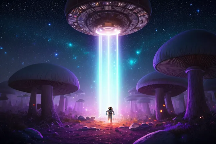 a [gigant flying saucer : (mushroom:1.2) : 7], (abducts the (astronaut:1.2):1.2), (lifts him up with a beam of light:1.2)
reflection,  backlight, neon, illumination, fluorescent
landscape of neon wood, forest, start, another planet on background, milkyway
gloomy art, future
artstation, Greg Rutkowski and Alphonse mucha, RTX, HDR, beautiful, detailed glow, cinematic light, Ultra-detailed, cinematic, photorealistic, hyperrealistic, 8k, nvinkpunk