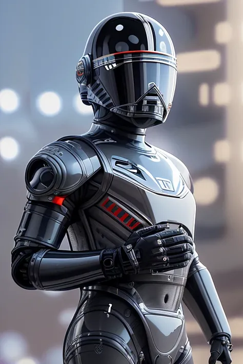 portrait of a guard marine, robotic, mechanical, (reflective black armour:0.5), ((black armour:1.2)), metal plating, 80mm, f/1.8, bokeh, depth of field, ((((cinematic shot:1.6)))), a robot with a helmet and a camera on his head is standing in front of a building with a building in the background, Cedric Seaut (Keos Masons), redshift render, a 3D render, retrofuturism, highres, (zoom on head:1.2), (((emphasis on helmet:1.4))), cinematic lighting, extremely detailed, no reflection on helmet glasses, (((blurred background:1.4))), fog simple background,