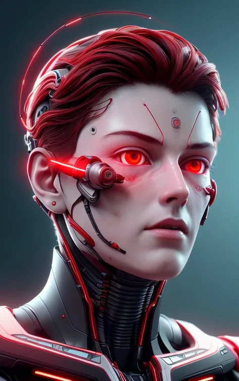 (bright red eyes:1.1), complex 3d render ultra detailed of a beautiful  profile a boy android face, cyborg, robotic parts, 150 mm, beautiful studio soft light, rim light, vibrant details, luxurious cyberpunk, hyperrealistic, anatomical, facial muscles, cable electric wires, microchip, elegant, beautiful background, octane render, H. R. Giger style, 8k, best quality, masterpiece, illustration, an extremely delicate and beautiful, extremely detailed ,
