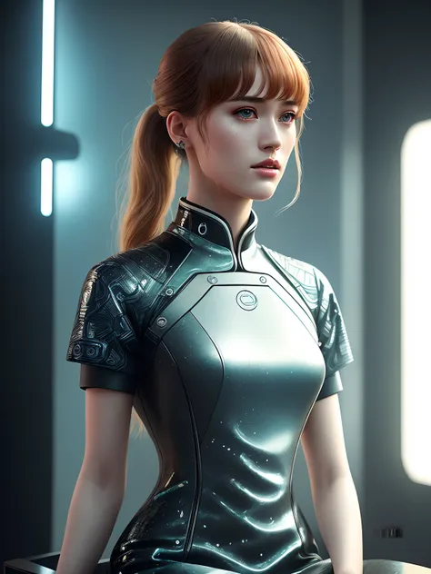 Mackenzie Davis from Blade Runner 2049, sits on a chair, (high-tech interior style and futurism), (poster:1.2), poster on wall, movie poster, (portrait), ((chinise qipao dress)), ((digital artifacts)), 
( japanese rock garden and pond, bonsai), (movie poster),
((ultradetaled skin texture)), intricately detailed, fine details, hyperdetailed, raytracing, subsurface scattering, diffused soft lighting, shallow depth of field, by Oliver Wetter