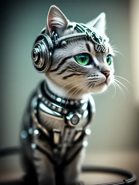 a cute kitten made out of metal, (cyborg:1.1), ([tail | detailed wire]:1.3), (intricate details), hdr, (intricate details, hyperdetailed:1.2), cinematic shot, vignette, centered