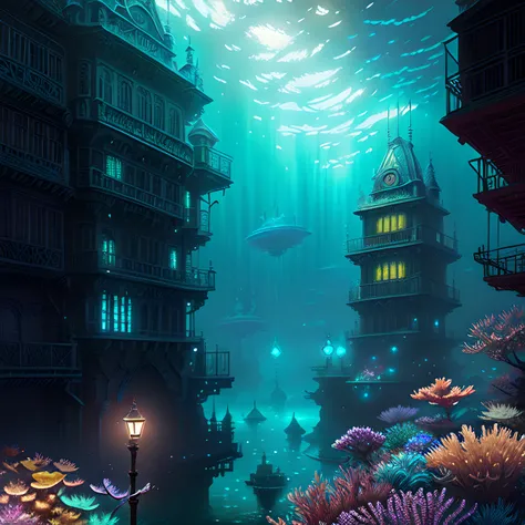 (best quality,masterpeace),(hyperdetailed colourful),
An underwater city of bioluminescent creatures
, hdr, cinematic lighting, trending on artstation,trending on CGSociety, professional majestic oil painting by greg rutkowski,immense detail, rim lighting, two tone lighting, dimly lit, low key ,<lora:epiNoiseoffset_v2:1.2>,