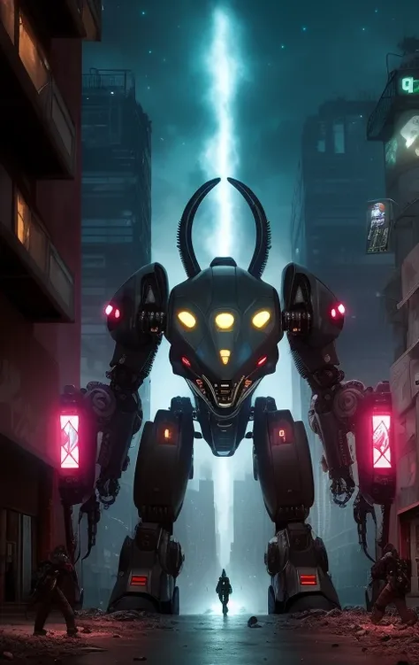 ((masterpiece)), (detailed), alien invasion, (cosmic), cthulhu,mech warfare,battleground, otherworldly, extraterrestrial, mech pilot, nightmarish, terrifying, powerful,complexity, dystopian,destruction, apocalyptic, (futuristic:1.1), (bio-mechanical:1.2), mech design, organic, alien tech, glowing, mech weapons, tendrils, horror, (city ruins:1.2), explosions, chaotic, struggle, <lora:deliberate_v2:1>