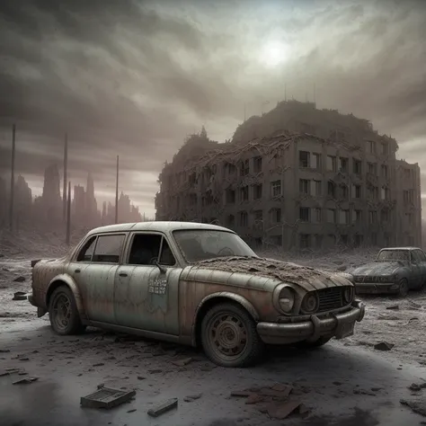 end of the world, epic realistic, (hdr:1.4), (muted colors:1.4),(broken rusty cars:0.6), (car wreckage,:0.4) apocalypse, freezing, abandoned, neutral colors, night, screen space refractions, (intricate details), (intricate details, hyperdetailed:1.2), artstation, cinematic shot, vignette, complex background, buildings, snowy