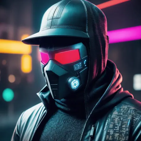 Men, cyberpunk, Wearing a hat., Wearing a mask., Code, world from digital symbols, matrix style, Dark background, Surrealism, cinematic lighting, projected inset, UHD, super detail, best quality