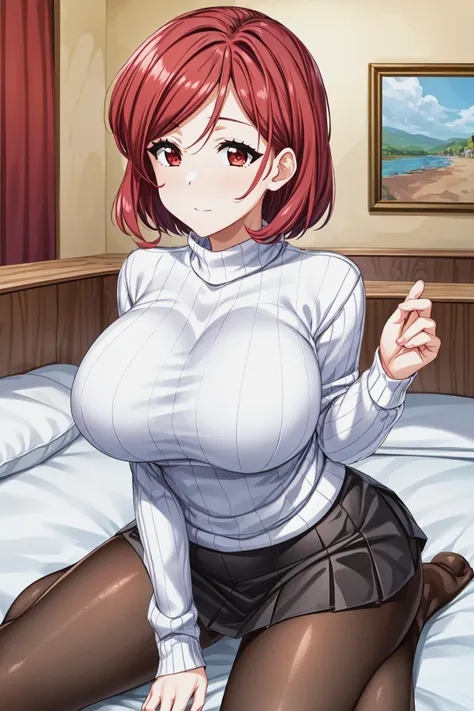 bedroom,
dynamic pose, wariza, 
turtleneck sweater, white sweater, long sleeves, pleated miniskirt, ribbed sweater, black skirt, BREAK
<lora:Ariadoa_CautiousHero-KK77-V1:0.6>, broad shoulders, wide shoulders,
brown eyes, red hair,bangs,short hair,
<lora:ad...