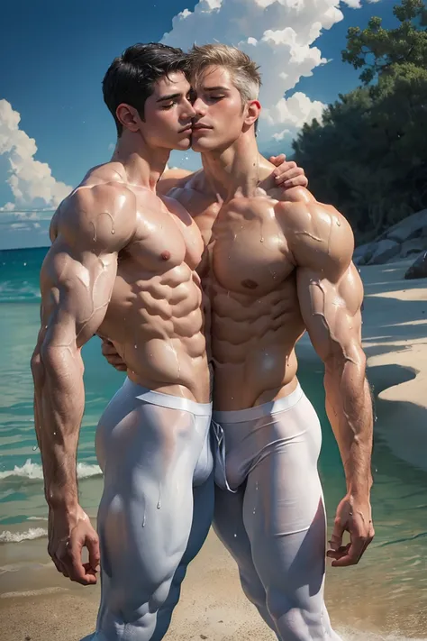 ((2men:1.2, identical twins, couple, duplicate, duo, looking back, kiss:1.2)), ((masterpiece)), ((best quality:1.2)), High Resolution, 8k, (ultra_realistic:1.3), (photorealistic:1.4), sharp focus, ((topless:1.3)), ((wet white tights brief:1.3)), (messy sho...