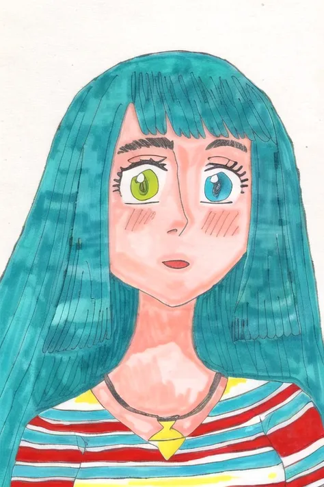 a drawing of a woman with blue hair and a striped shirt