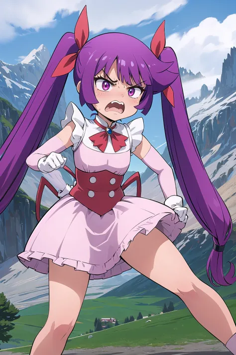 best quality, ultra-detailed, (1girl, solo, <lyco:romin-magical-girl-form-v1:1>, rominmagicalgirlform, angry,), in the swiss alps