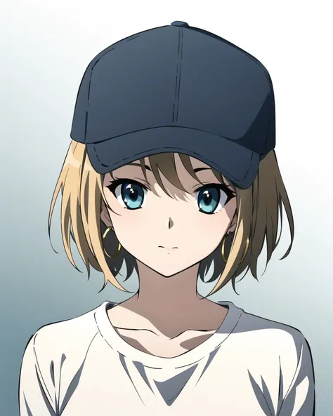 <lora:kyoani_haruhi_style_offset:1> kyoani haruhi style, masterpiece, best quality, 1girl, aqua eyes, baseball cap, blonde hair, closed mouth, earrings, green background, hat, hoop earrings, jewelry, looking at viewer, shirt, short hair, simple background,...