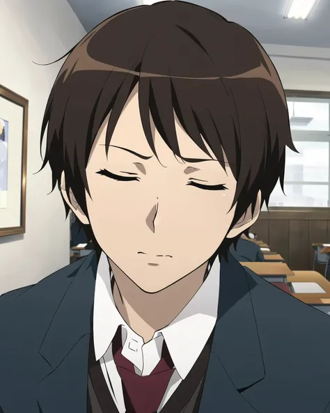 <lora:kyoani_haruhi_style_offset:1> kyoani haruhi style, 1boy, solo, male focus, necktie, kita high school uniform, shirt, brown hair, closed eyes, school uniform, red necktie, closed mouth, white shirt, short hair, collared shirt, green jacket, upper body...